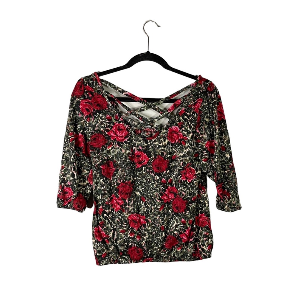 Belle Du Jour Floral Stretchy Criss Cross Strappy Back Casual Blouse Size Small - Picture 2 of 6